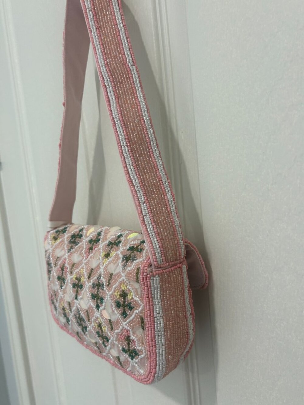 Made in India Pink & Green Garden Trellis Beaded Sequin Floral Bag New Release - Picture 4 of 10